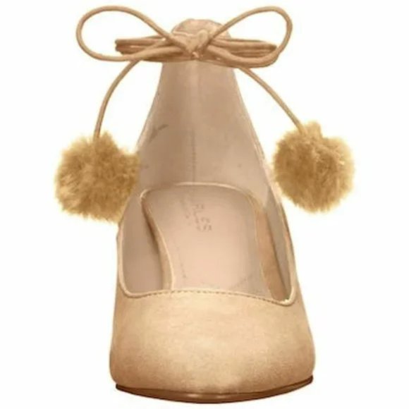 NWOB Charles David Libby Tan Microsuede Pom Pom Laceup Round Toe Pumps Heels 7.5 - Picture 4 of 12